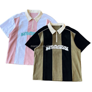 Camiseta de <span class=keywords><strong>punto</strong></span> de algodón con media cremallera y logo digital personalizado, estilo oversize, <span class=keywords><strong>cuello</strong></span> <span class=keywords><strong>alto</strong></span>, para <span class=keywords><strong>hombre</strong></span>, estilo retro de fútbol, para camisetas. - Product Image 1
