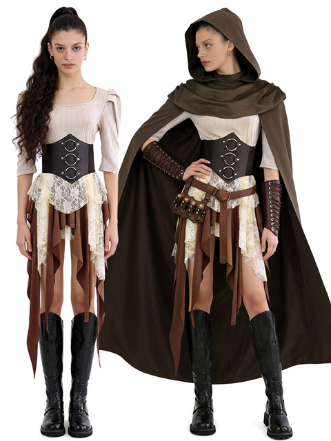 Adult Women Viking Warrior TV Movie Costumes Polyester Vintage Hooded Cloak Dress Set for Halloween Cosplay Party
