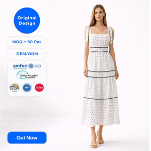 Vestido de lunares blanco de diseño original personalizado <span class=keywords><strong>para</strong></span> <span class=keywords><strong>mujer</strong></span>, elegante vestido maxi con lazo en el hombro y cintura fruncida, vestidos de lujo con volantes <span class=keywords><strong>para</strong></span> damas, OEM - Product Image 1