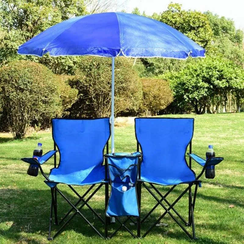 Silla de metal plegable para pícnic al aire libre, doble Silla de playa de tela oxford con paraguas