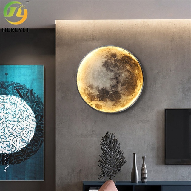Decorative Home Moon Shape Round Bedside Mount Light Modern Moon Led Wall Lamp Bedroom Hotel Vintage Zhongshan Indoor Black Iron