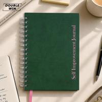 Journal de croissance personnelle et d'amélioration de soi en cuir PU vert forêt A5 personnalisé avec impression couleur spirale et ruban