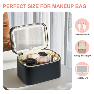Étui de maquillage professionnel noir avec miroir LED Organisateur de cosmétiques en <span class=keywords><strong>cuir</strong></span> imperméable Porte-balais à lumière 3 couleurs - Product Image 5