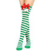 Chaussettes tricotées respirantes rayées rouge et vert pour femme, longues jusqu'au genou, avec nœud et pompon, pour l'hiver et Noël