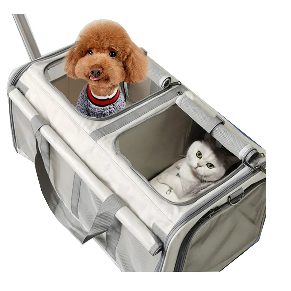 Fourre-tout à roulettes à double compartiment, approuvé par les compagnies aériennes, pour chats et chiens, avec roues détachables, chariot pour animaux de compagnie