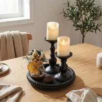 Ensemble de porte-bougies décoratifs en métal noir mat avec plateau en bois perlé pour la salle à manger, le salon et la décoration intérieure