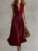 Robe midi plissée à col rabattu et boutonnée sur le devant pour femme, nouvelle mode, sans manches, coupe trapèze longue