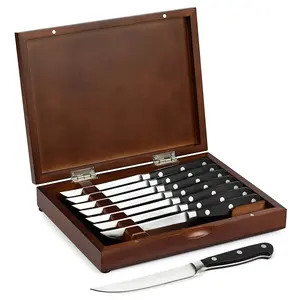 Caja de madera ABS con mango forjado, 4,5 pulgadas, para carne, cuchillos dentados de acero inoxidable, juego de 8 cuchillos