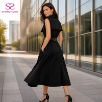 Robe Trench Sans Manches Personnalisée pour Femme, Double Boutonnage, Col Cranté, Ceinture à la Taille, Jupe Mi-Longue Évasée avec Rabat Anti-Pluie, Idéale pour le Bureau