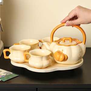 Ensemble <span class=keywords><strong>tasse</strong></span> et soucoupe en céramique colorée pour café et thé, style anglais et éthiopien, pour le thé de l'après-midi, motif citrouille fraîche - Product Image 4