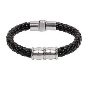 Men's Titanium Steel <b>Bracelet</b> Black Braided <b>Leather</b> Punk Style Fashion Wrap <b>Bracelet</b> - Product Image 1