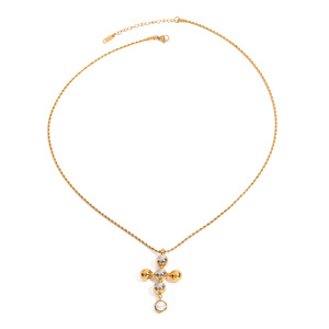 Pendentif en forme de croix bicolore or et argent avec sertissage de perle en verre, collier en acier inoxydable pour cadeau - Product Image 5