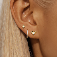 Boucles d'oreilles trois pièces style Ins, luxe léger, en argent sterling S925, avec cœurs, étoiles et lune.