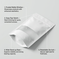 Sachet Doypack en papier kraft blanc avec fenêtre transparente pour l'emballage de noix et de fruits secs, refermable, qualité alimentaire