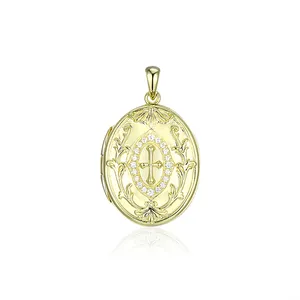 Grace Jewelry Custom Blank Engravable Vintage Design Oval Gold Plated Sterling Silver 925 Heart Photo Locket Necklace Pendant