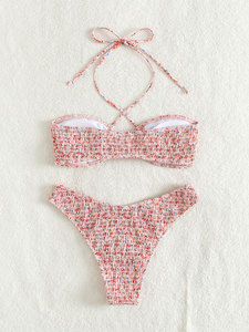 Conjunto de Bikini Brasileño con Estampado Floral para Mujer, Traje de Baño de Dos Piezas con Espalda Cruzada y Lazada, Sujetador Push-Up, con Perlas - Product Image 4