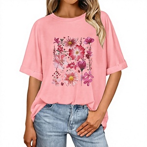 T-shirt pour femme à imprimé floral rose, coupe ample, manches courtes, col rond, tricoté, décontracté, été - Product Image 4