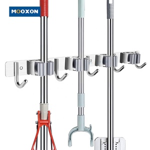 Wall Mount Home Garden Laundry Organization Cleaning Supplies Organizer Tool Garage 5 Rack 6 Hook Storage Mop Holder Broom Rack
