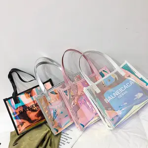 Custom holographic handle design pvc vinyl rainbow holographic tote shopping bag