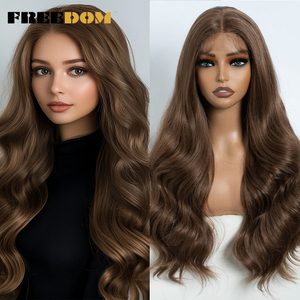 Perruques synthétiques à dentelle frontale FREEDOM pour femmes, longues et ondulées, effet Body Wave, 26 pouces, brun clair, pour cosplay - Product Image 2