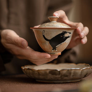 Чайная чашка и гайвань из винтажной японской керамики ручной работы, 130 мл, классический дизайн, экологически чистый, с рисунком кошки - Product Image 4