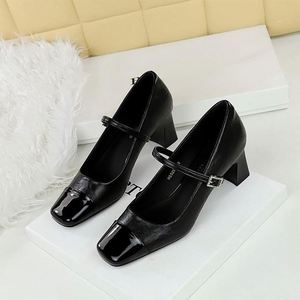 Retro Heel, Thick Heel, Shallow <strong>Mouth</strong> Splicing, Square Toe Rhinestone Buckle, Single Strap, Spring and Autumn Women's Shoes - Product Image 2