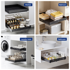 Étagères coulissantes réglables pour armoire, organisateur extensible à 3 rails, sans perçage, pour cuisine et garde-manger, étagères adhésives enroulables - Product Image 4