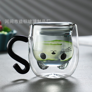 แก้วกาแฟสองชั้นลายแมวน่ารักพร้อมหูจับ สำหรับนม เบียร์ ชา น้ำผลไม้ เครื่องดื่ม น้ำเปล่า แก้วน้ำใช้ในบ้าน สำนักงาน ของขวัญ - Product Image 5