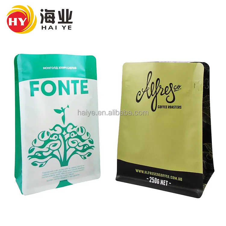 Custom Print Flat bottom Pouch Ziplock Bag For Snack Tea Powder Eight Side Seal Coffee Bean Packaging Bag With Zipper And Valve
