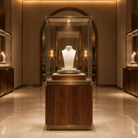Vitrine de présentation de bijoux en bois grainé sur mesure avec tour en verre et cadre doré, éclairée, pour magasin de bijoux, vente en gros
