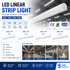 Indoor Lighting High Brightness 130lm/W 2FT 4FT 5FT 8FT 20W-80W LED Linear Strip Light For Warehouse IP44 5-Year Warranty
