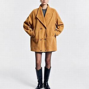 HN5201-1 Echte Lederjacke für Damen, Oberbekleidung mit Breitem Reverskragen, Übergroße Passform, Kordelzug, Lässiger Trenchcoat - Product Image 4