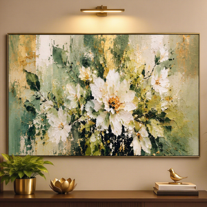 Arte floral contemporáneo en lienzo acrílico con marco dorado, decoración de interiores para todas las estaciones, obras de arte en lienzo acrílico pintadas a mano - Product Image 1