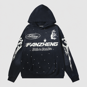 Sweat à capuche vintage streetwear noir oversize avec imprimé <span class=keywords><strong>étoile</strong></span> flamme en strass personnalisé, sweat-shirt lourd pour homme style hip-hop ample - Product Image 2