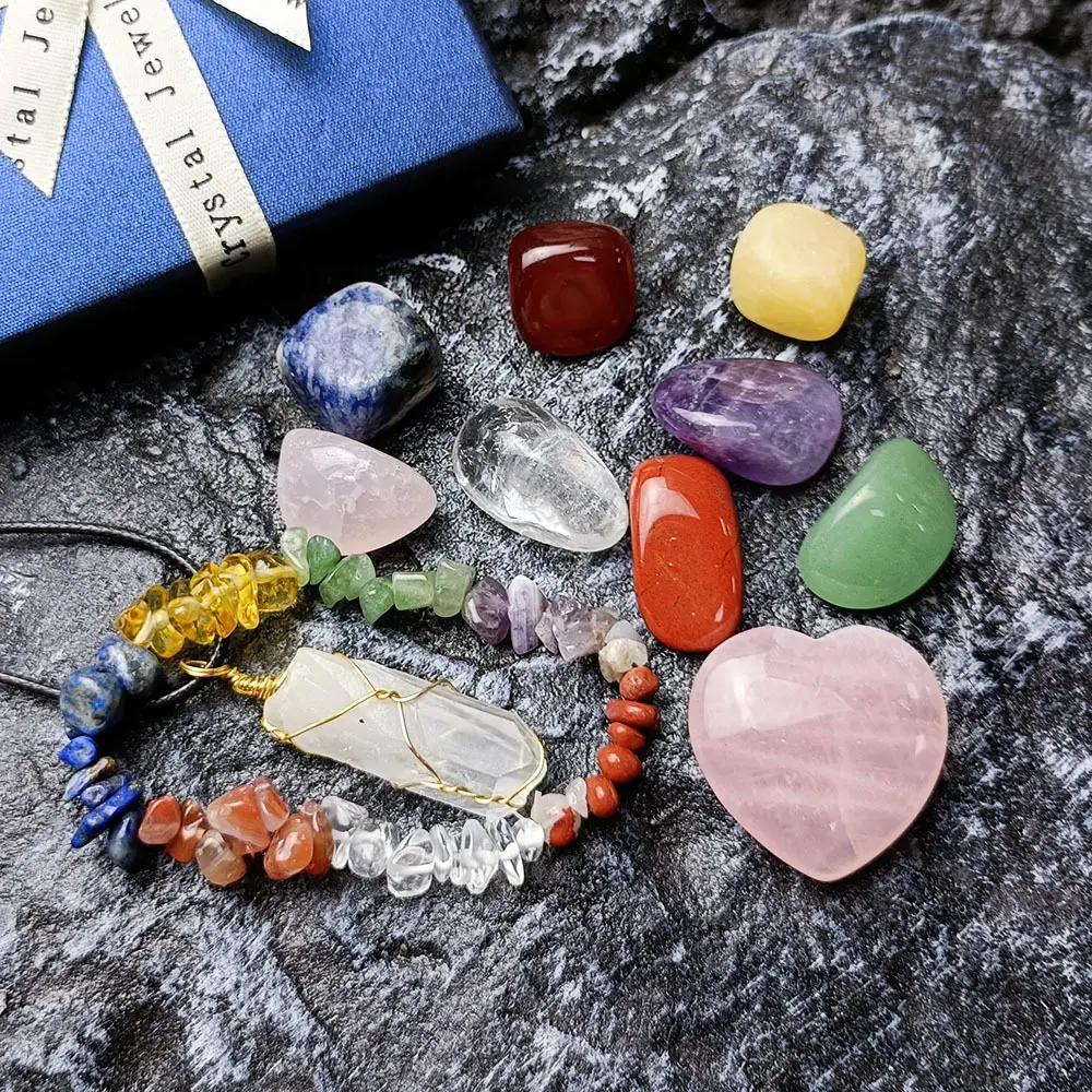 Natural Energy Reiki Yoga Meditation Gift Box Packing Charming 7 Chakra Spirituality Rose Quartz Healing Crystal Stone Set