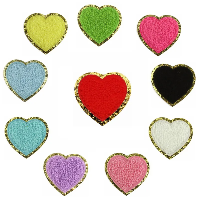 High Quality 5CM Self-adhesive Backing Chenille Embroidery Heart Shape Appliques Iron On Patches For Children Jeans Accessories