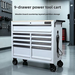 Carrito de Herramientas Resistente de Nueve Cajones con Tomacorriente, Superficie de Madera y Asa de Empuje; Gabinete de Almacenamiento Móvil para Taller - Product Image 5