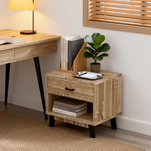 Mesita <span class=keywords><strong>de</strong></span> Noche Moderna <span class=keywords><strong>de</strong></span> Madera <span class=keywords><strong>de</strong></span> 2 Niveles para Espacios Pequeños, 1 Cajón + Diseño <span class=keywords><strong>de</strong></span> Panel <span class=keywords><strong>de</strong></span> Estante Abierto con Patas y Asa <span class=keywords><strong>de</strong></span> Plástico - Product Image 2