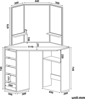 Grande table de toilette de rangement pour filles coiffeuse d'angle bureau de maquillage noir avec 3 miroirs d'angle et 5 tiroirs