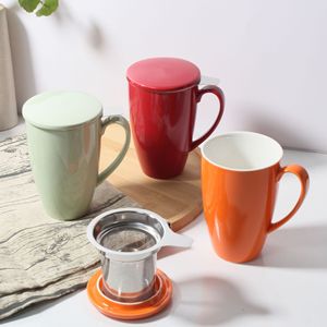 Taza de Porcelana de Cerámica Estilo Americano con Acabado Glaseado, para Café, Leche o Té, Color Liso, con Tapa e Infusor de Acero Inoxidable, 15 oz, Ideal para Regalo - Product Image 1
