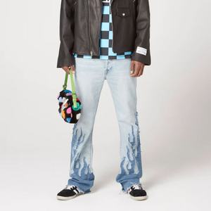 Jeans de Hombre al por Mayor, Personalizados, de Buena Calidad, Diseño de Moda, Bordado de Llamas, Estilo Urbano, Vintage, Lavado Azul - Product Image 4