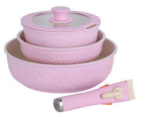 Batterie de cuisine en aluminium antiadhésif pour induction avec revêtement extérieur rose bleu et vert et couvercle en verre de silicone 5pcs - Product Image 3