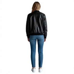 Blouson Bomber en Cuir Véritable pour Femme, Fermeture Éclair, Col Montant, Coupe Régulière, Manches Longues, Couleur Unie, Coupe-Vent Automne - Product Image 2