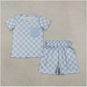 Ensemble de shorts à carreaux bleu ciel pour petits garçons BSSO1753 - Product Image 1