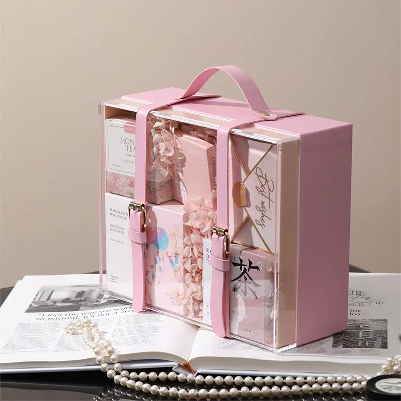 New Christmas New Year Party Gift Display Storage Box Luxury Wedding Box PU leather Handle Clear Acrylic Gift Box with Lid