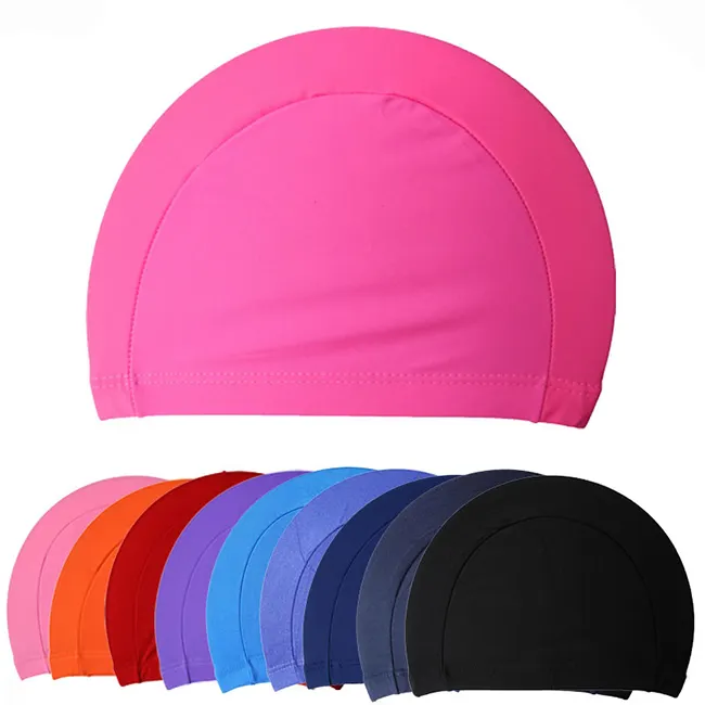 カスタマイズされたロゴが付いているさまざまな色のライクラ水泳帽スパンデックススイムキャップ生地水泳帽