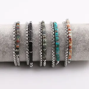 New Design 4mm Natural Stone Stainless Steel Chain Beaded Bracelet Men JBS12351