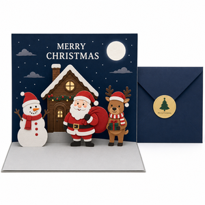 Carte de vœux de Noël pop-up 3D en papier, carte de fêtes avec Père Noël, rennes, bonhomme de neige, enveloppe cadeau - Product Image 1