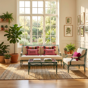 Conjunto de conversación vintage de hierro forjado con diseño de rejilla <span class=keywords><strong>esmeralda</strong></span>, cojines beige y almohadas decorativas con borlas, conjunto de salón para terraza acristalada, para casa de campo o villa en EE. UU. - Product Image 1