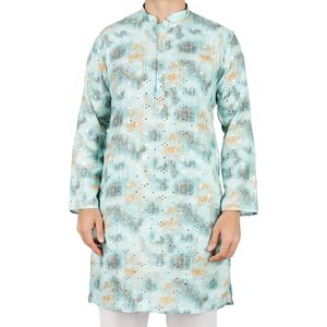 <b>Men</b> <b>Kurta</b> Pajama Set Cotton Digital Print Ethnic Indian Traditional Wear Diwali Occasion Wrinkle Free White Pants - Product Image 4